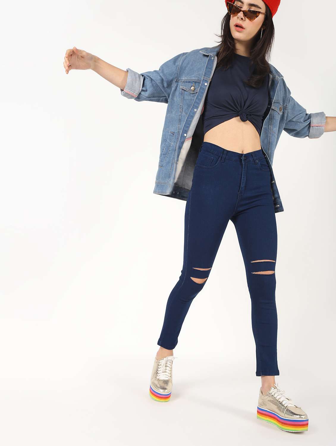 high rise knee slit jeans 