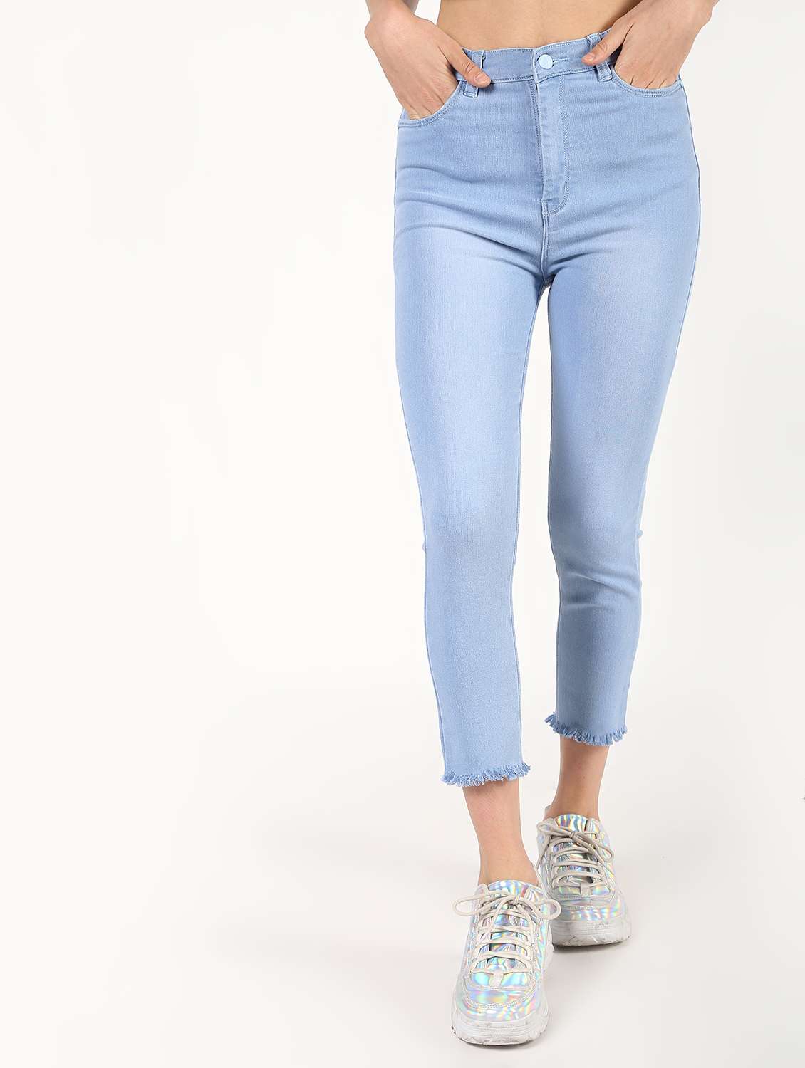 high rise frayed hem jeans 