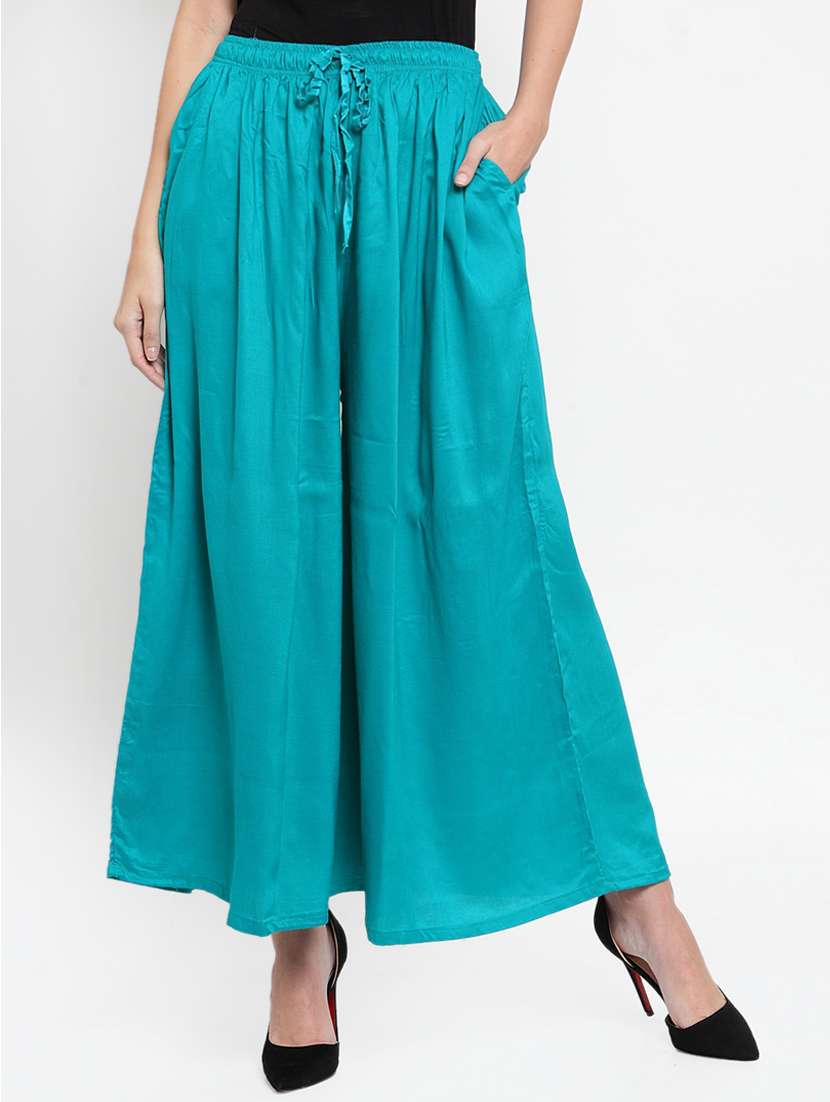 blue solid flared palazzo 