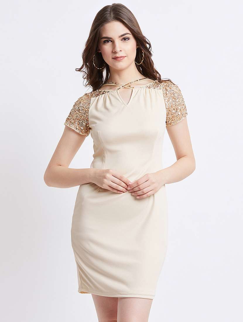 styled neck sequined detail bodycon dress