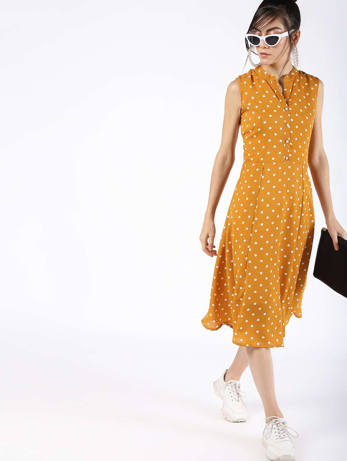 mandarin neck polka dots a-line dress