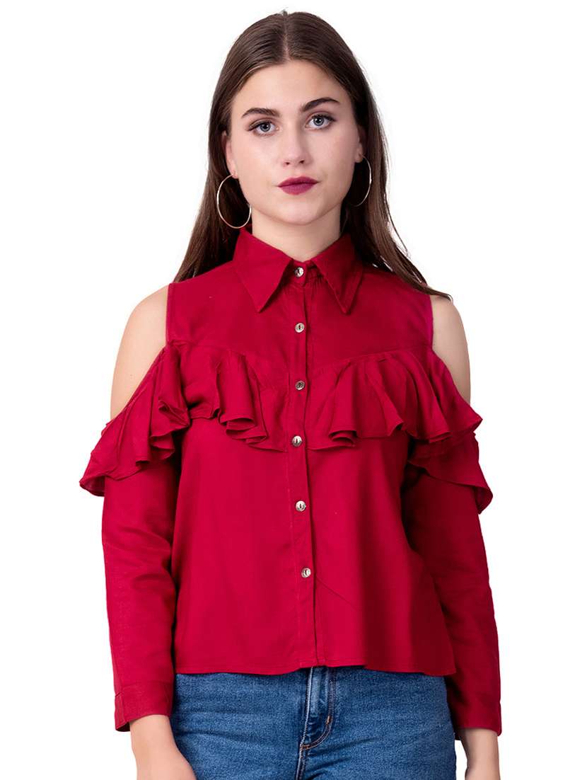 cold shoulder ruffle detail shirt 