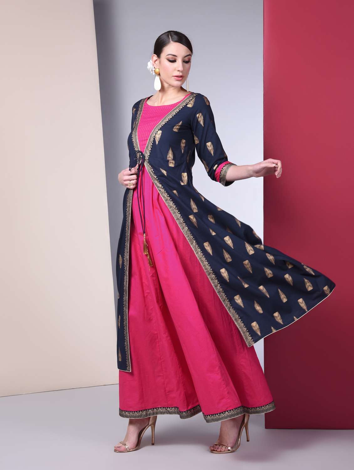 gold print layered kurta