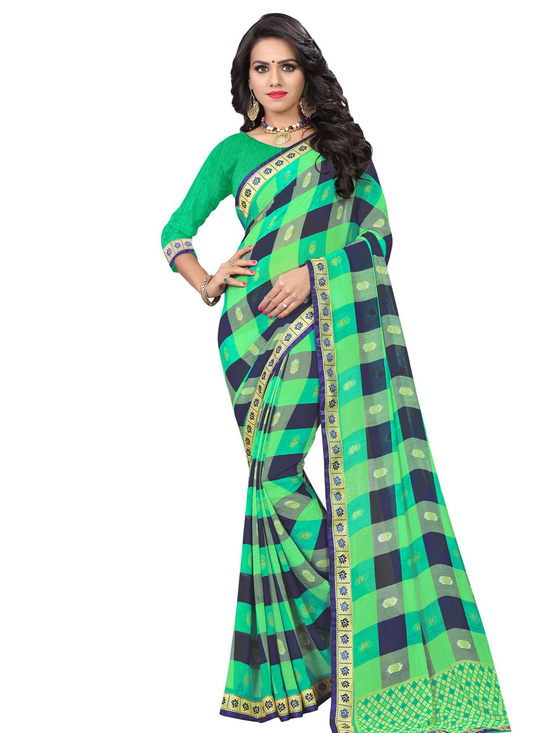 women's checks turquoise colored saree with blouse