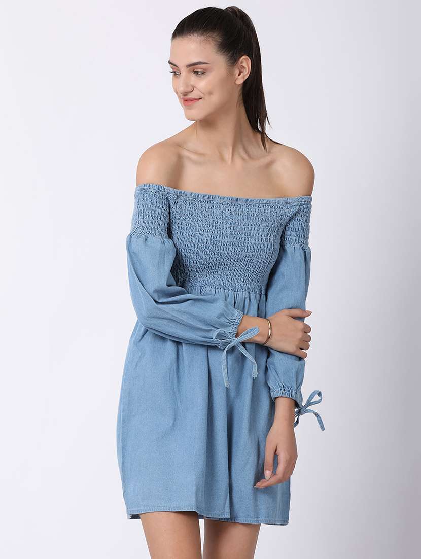 off shoulder smocked a-line dress 