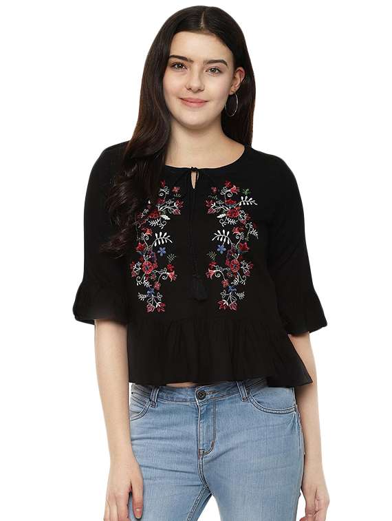 tassel tie up embroidered top