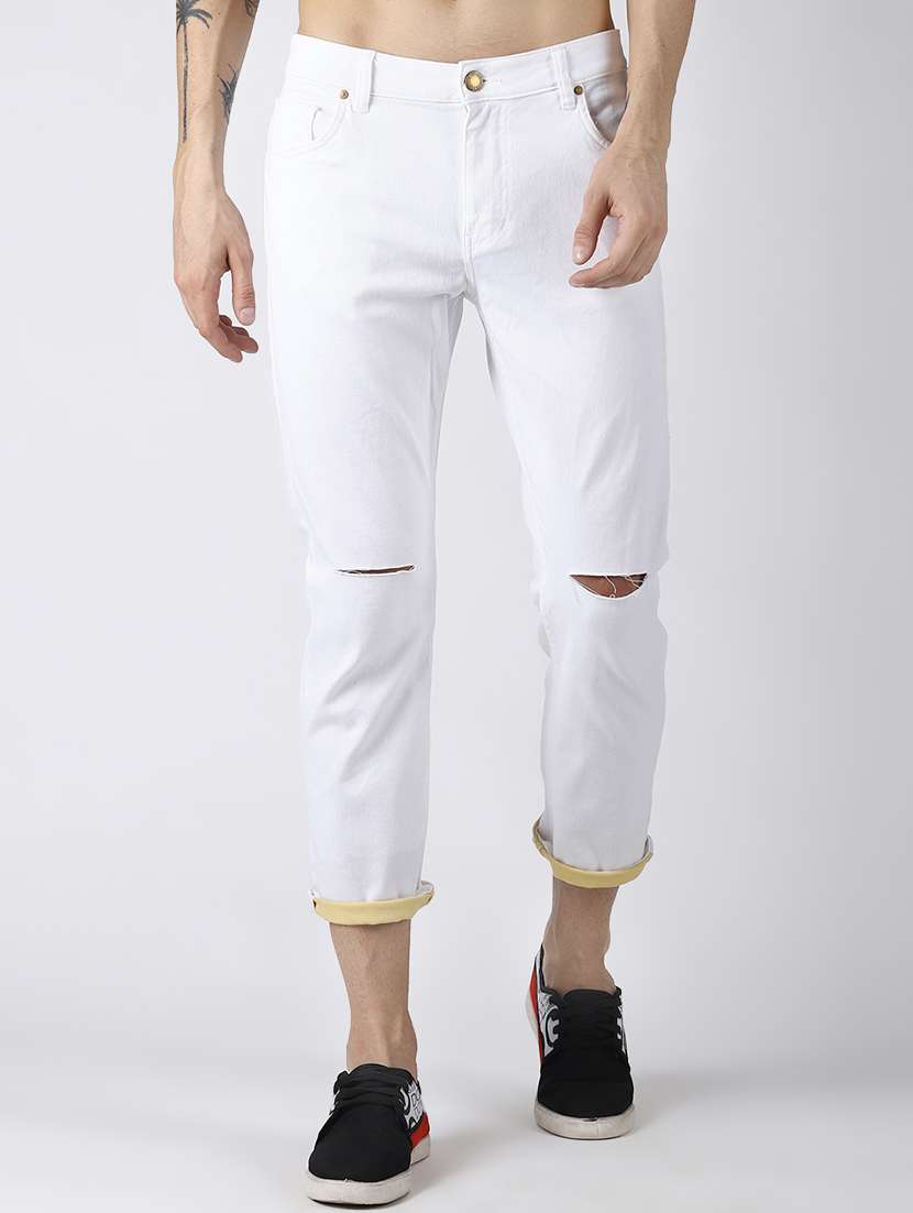 white solid slashed knee denim jeans