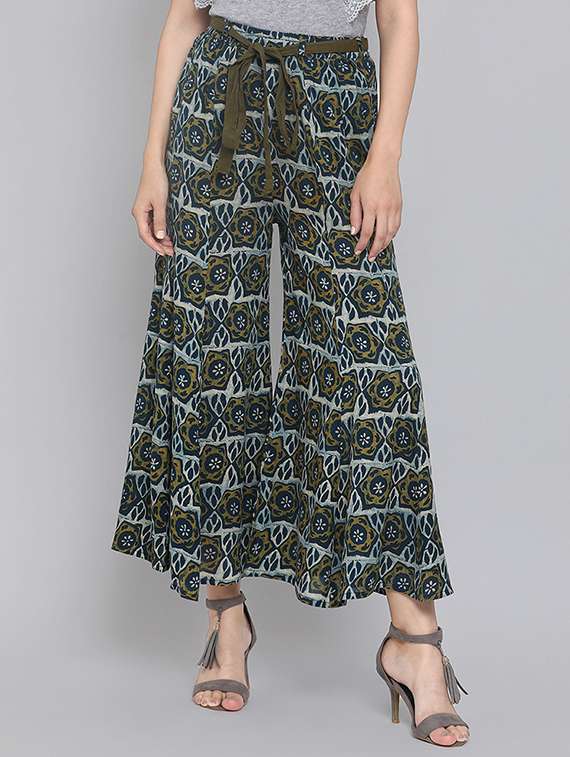 tie font printed flared palazzo 