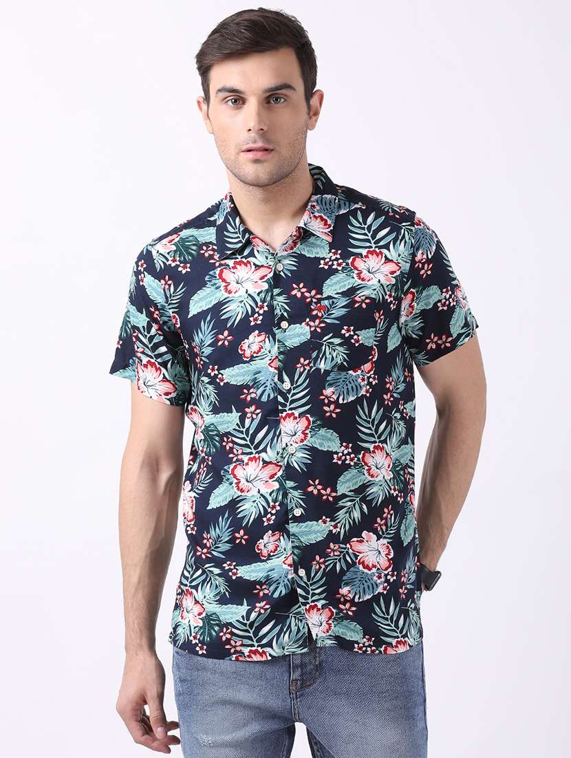 navy blue floral printed casual shirt