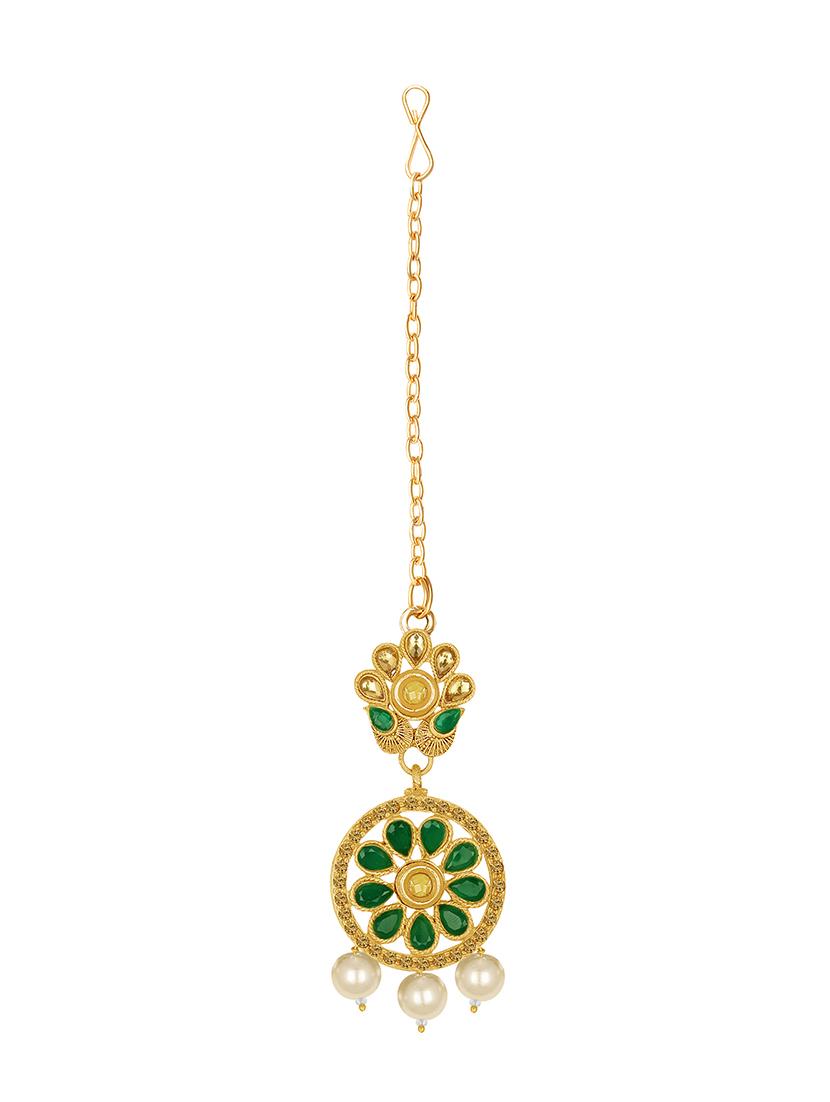 green metal necklace earring and maang tikka set - 16515828 - Standard Image - 2