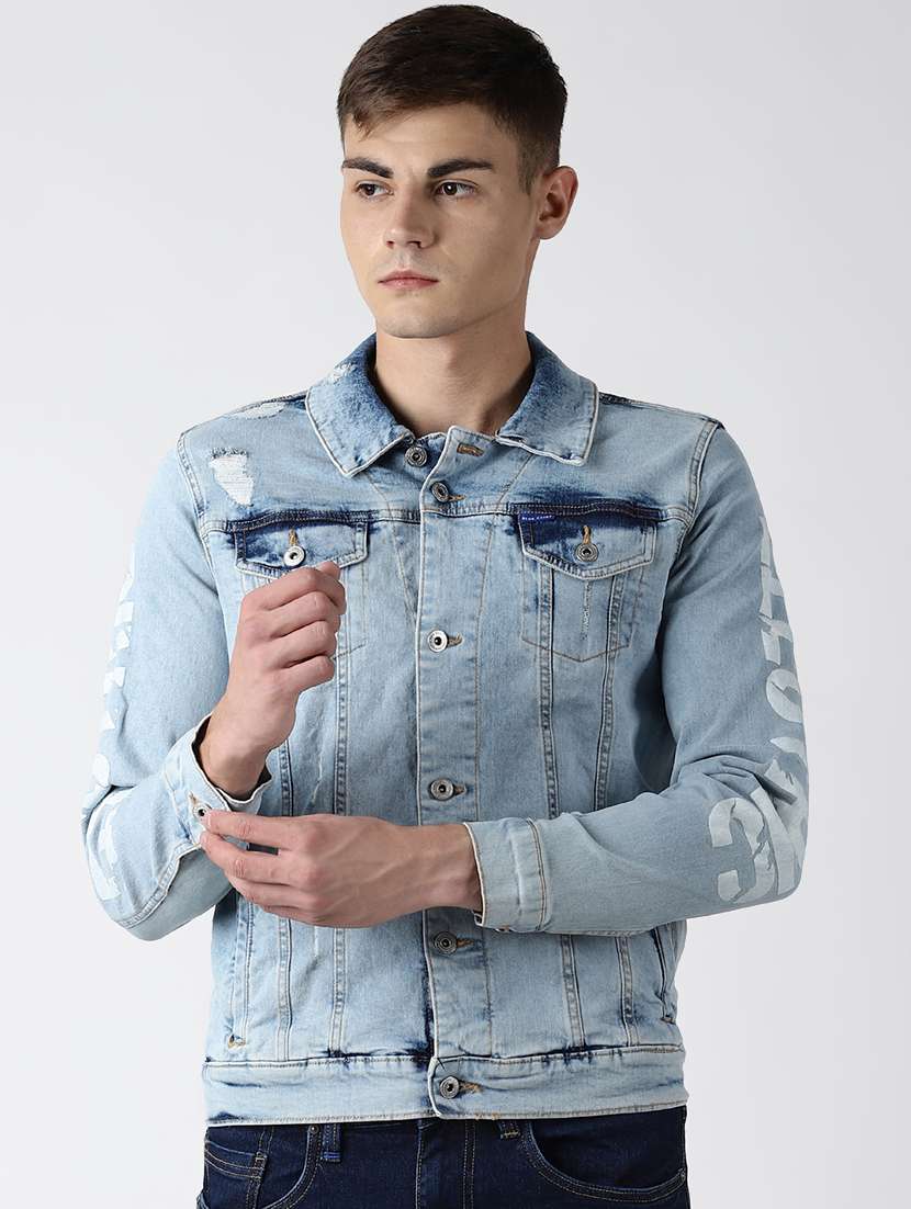 blue washed printed denim jacket