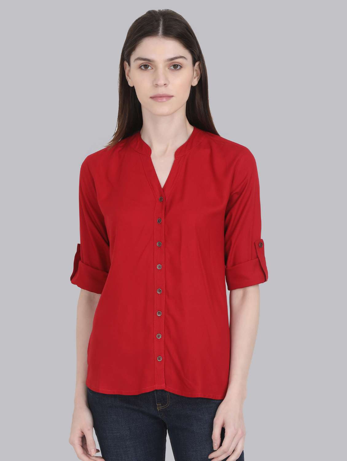 roll up sleeved mandarin neck shirt