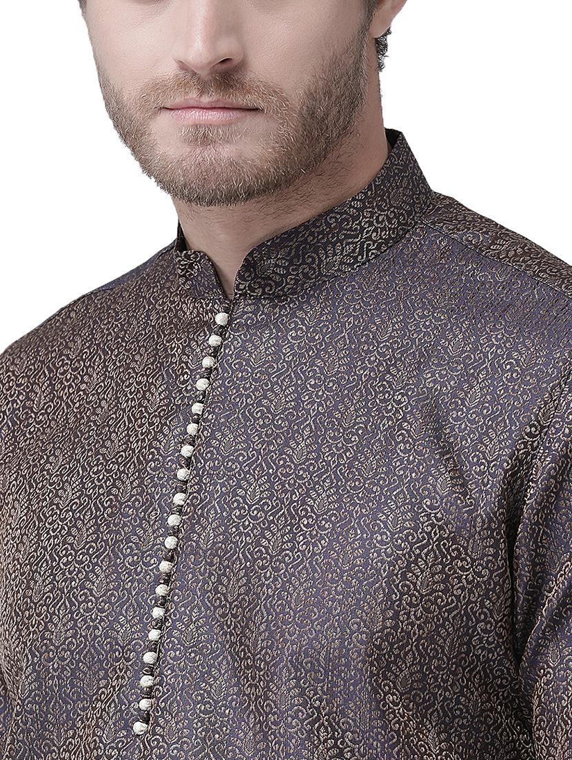 navy blue linen kurta pyjama set - 16520775 - Standard Image - 2