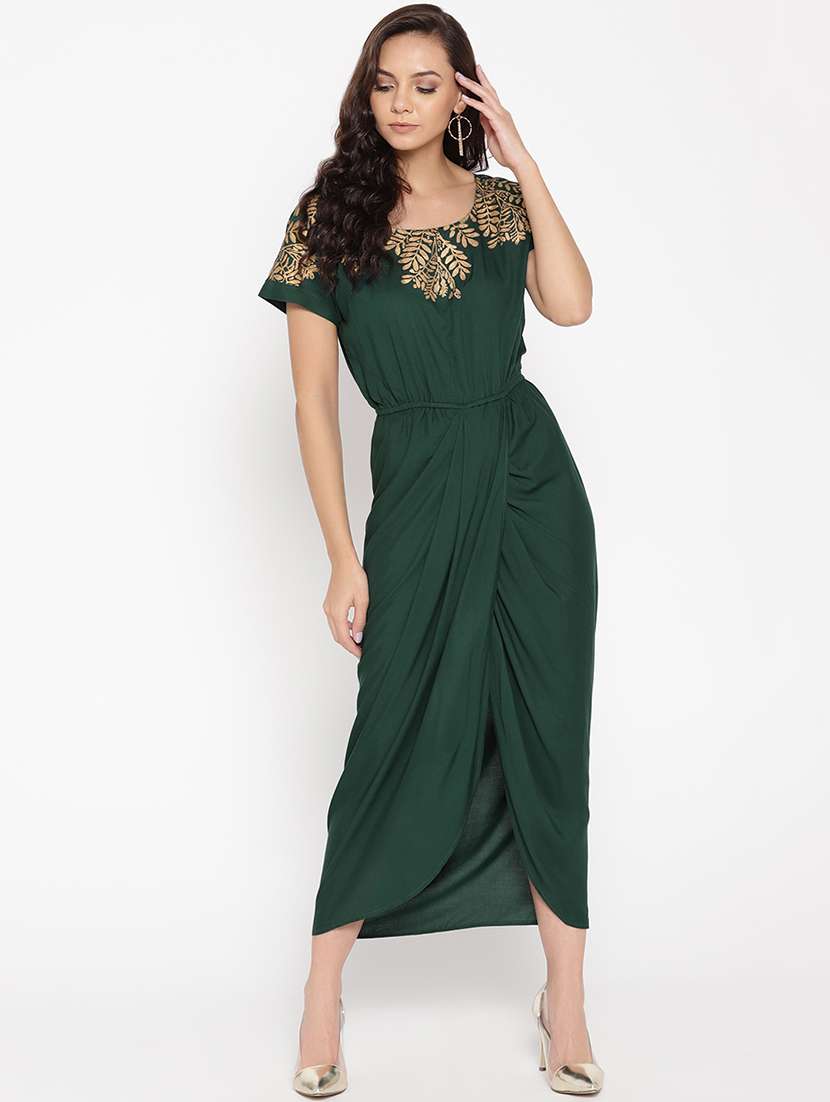 front overlap foil print  detail maxi dress