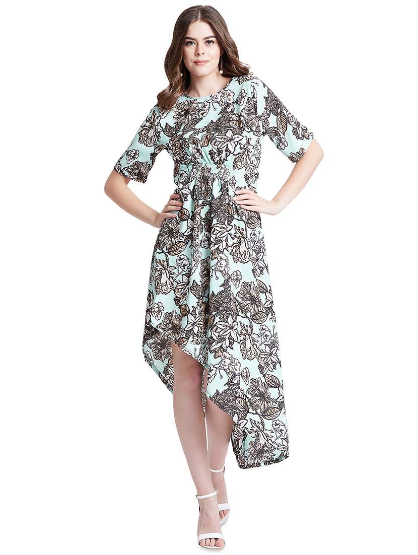 smocked detail floral high low dress