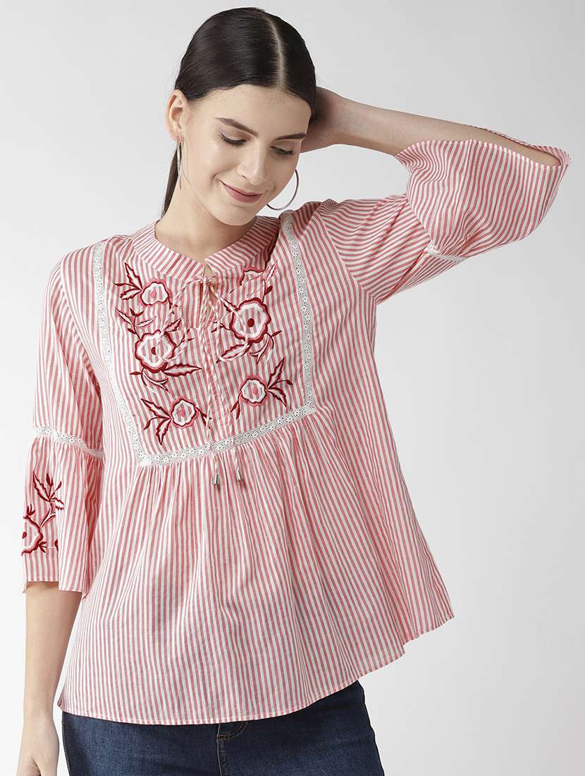 lace insert striped top 