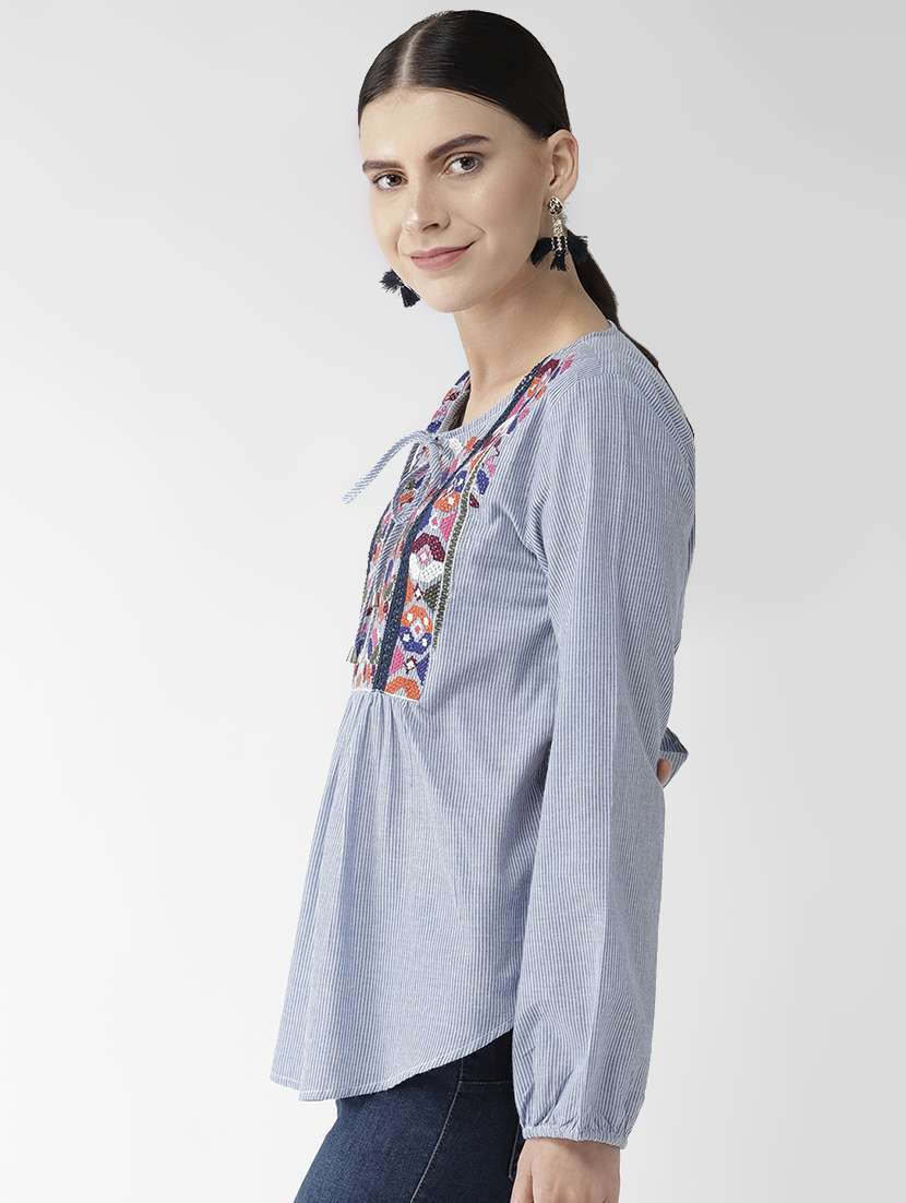 tie up neck striped top 