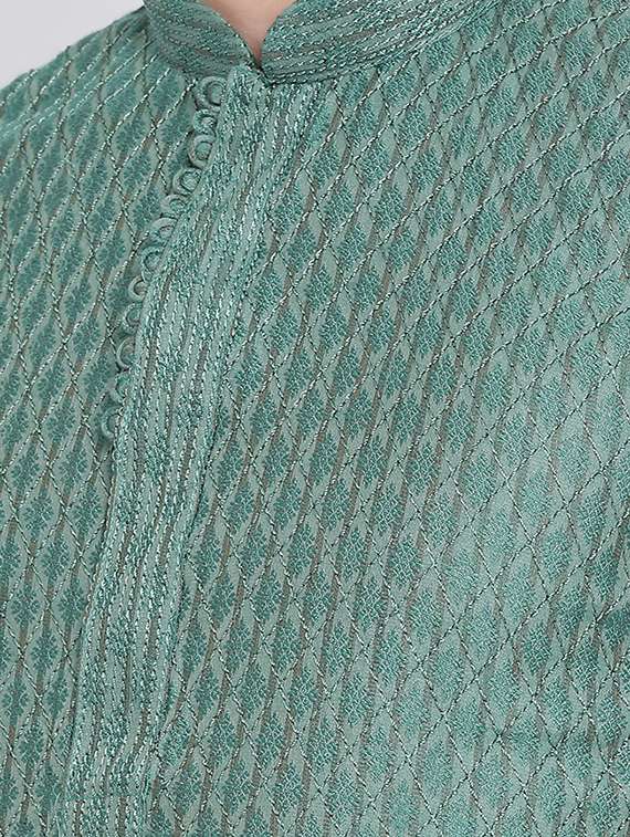 green pure silk jacquard long kurta - 16545854 -  Standard Image - 2