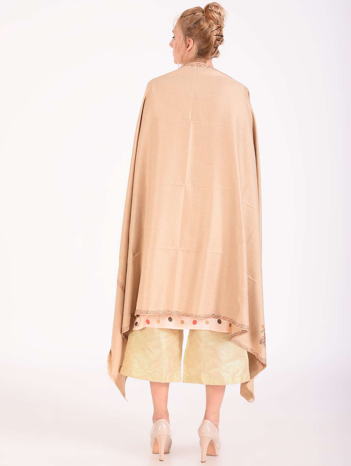 embroidered beige wool others shawl - 16546994 - Standard Image - 2