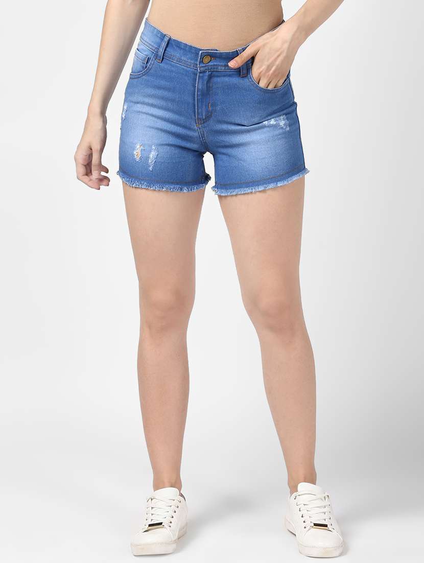 frayed hem distressed denim shorts 