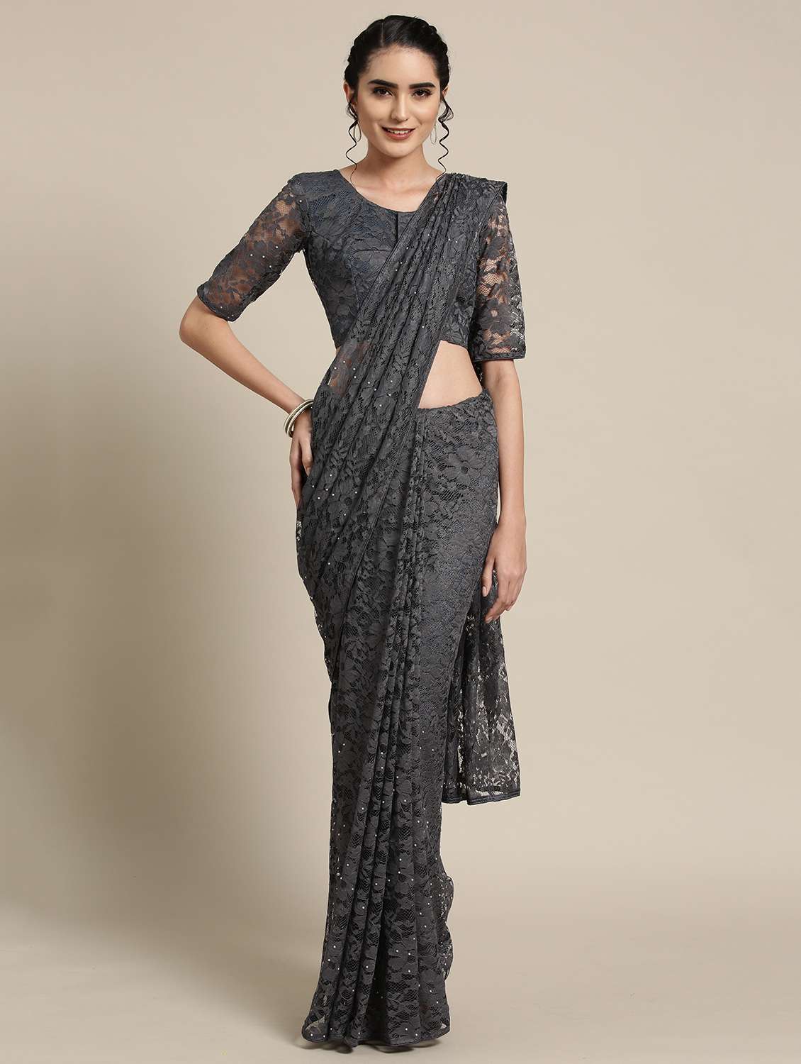 floral net woven saree with blouse