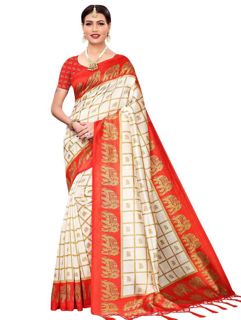 contrast bordered printed saree with blouse