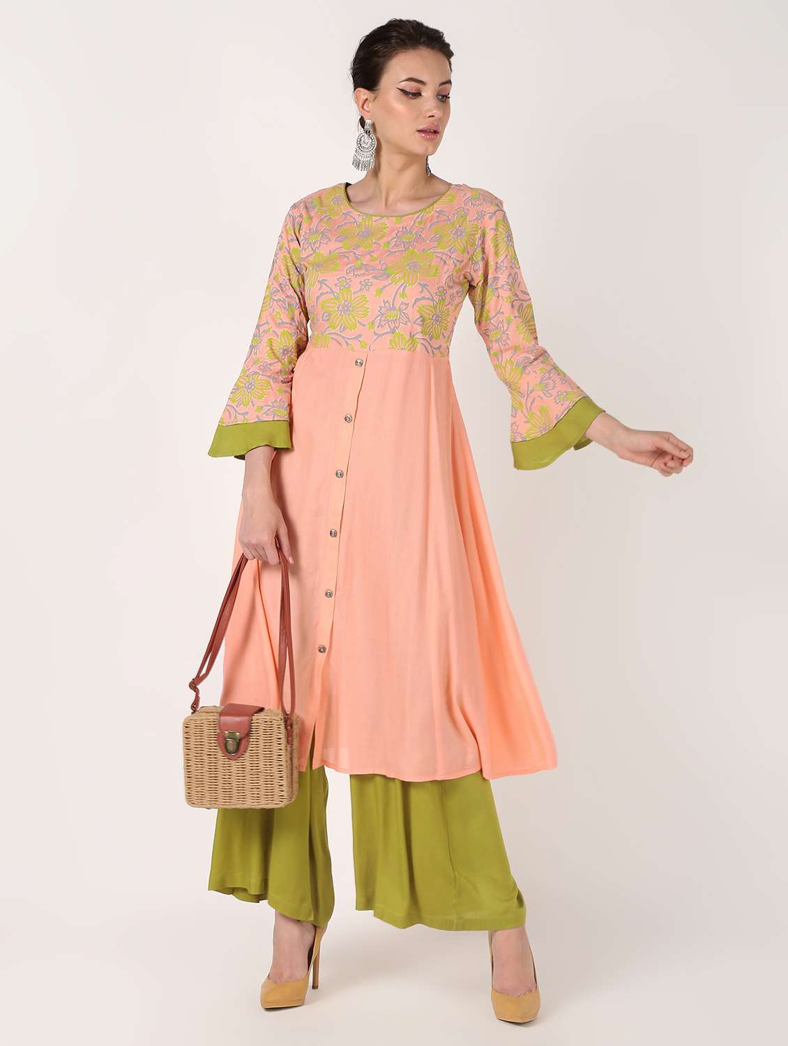 printed buttoned kurta with palazzo set