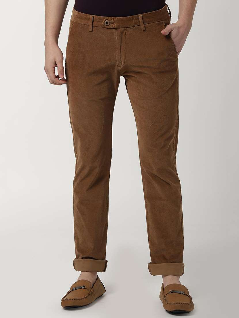 brown solid corduroy casual trouser