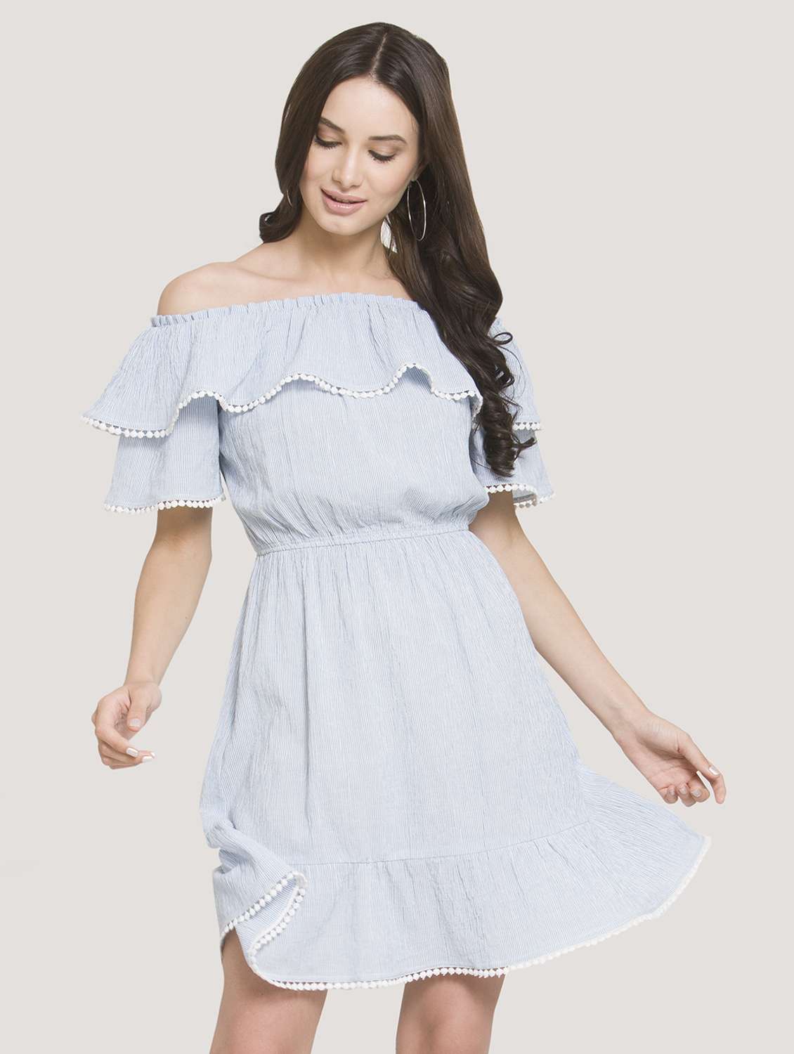 off shoulder striped a-line dress