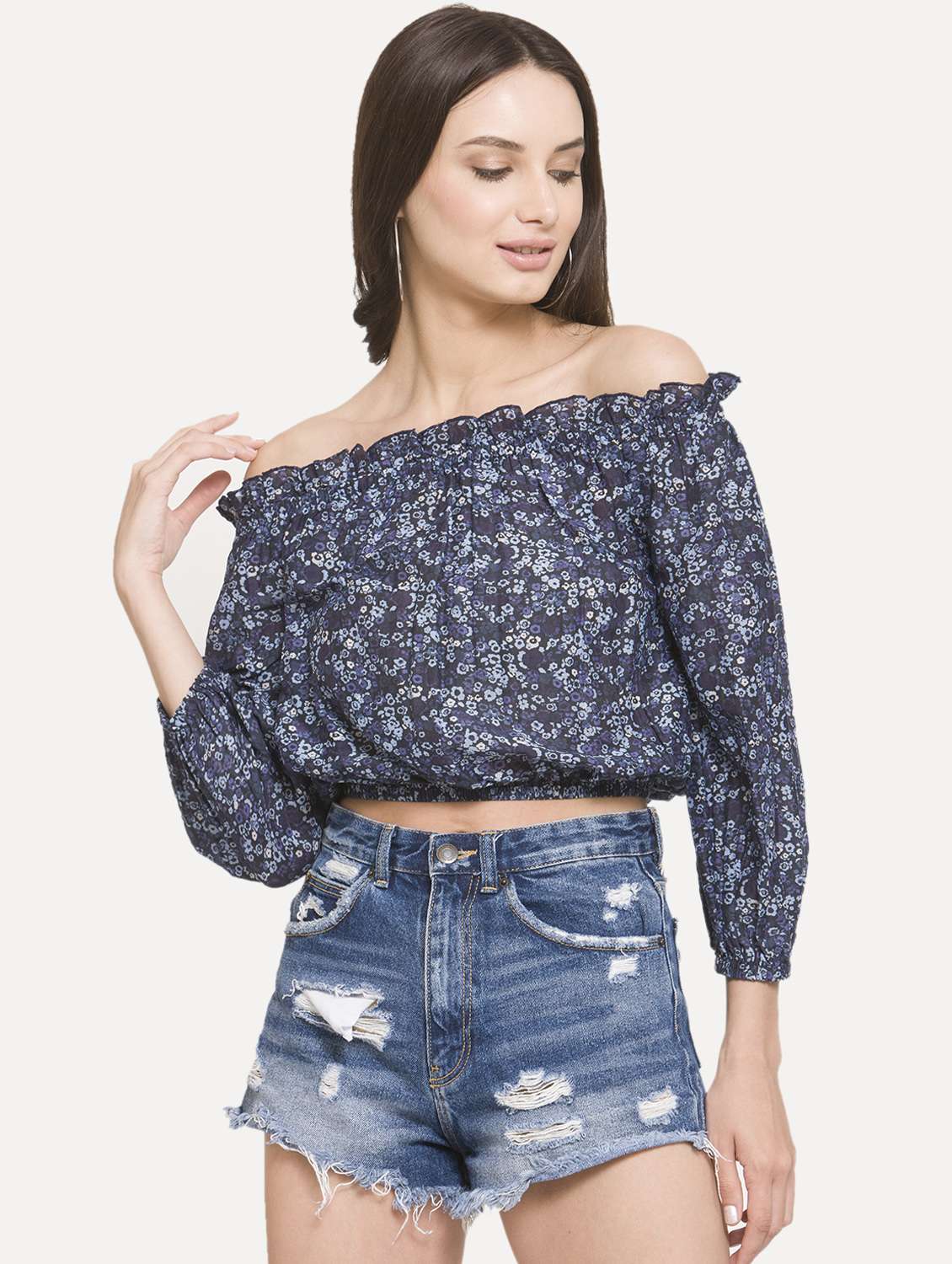 off shoulder floral blouson crop top