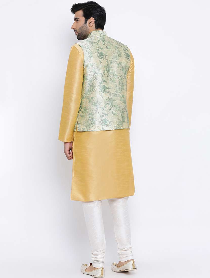 yellow pure silk kurta pyjama set with nehru jacket - 16562399 - Standard Image - 2