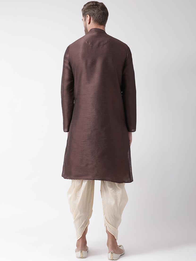 deep brown dupion solid dhoti kurta set - 16569596 - Standard Image - 2