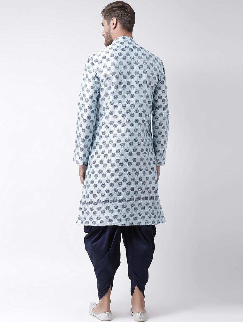 light blue dupion printed dhoti kurta set - 16569601 - Standard Image - 2