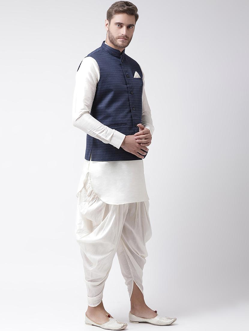 white dhoti kurta set with navy blue printed nehru jacket - 16569617 - Standard Image - 2