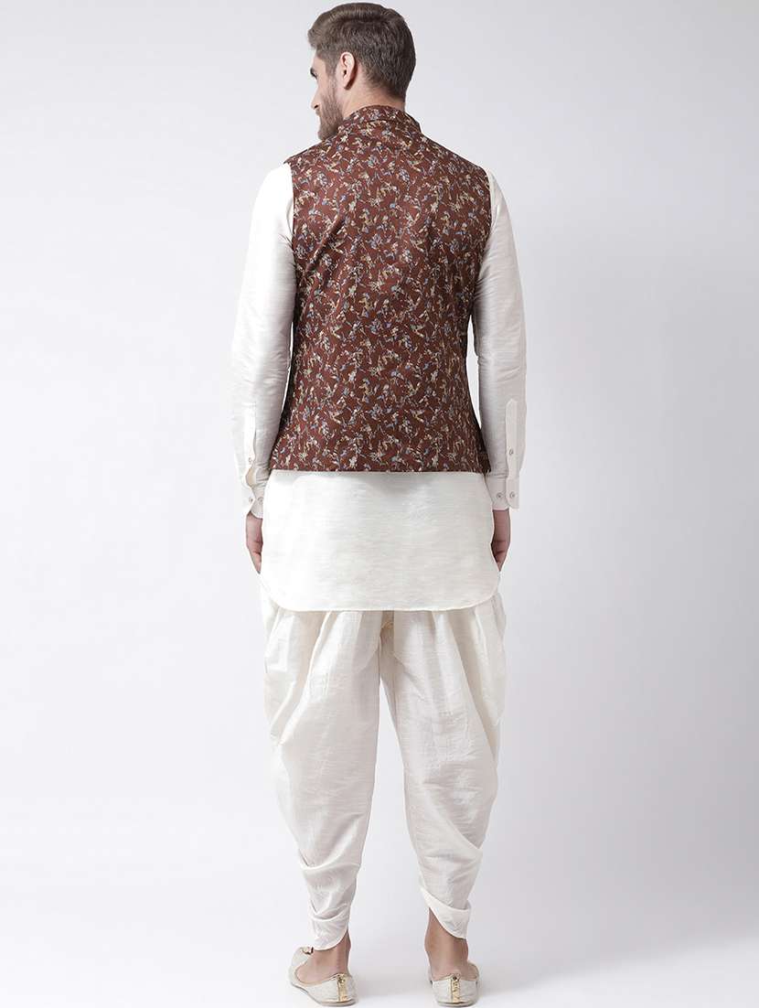 white dhoti kurta set with brown printed nehru jacket  - 16569623 -  Standard Image - 2