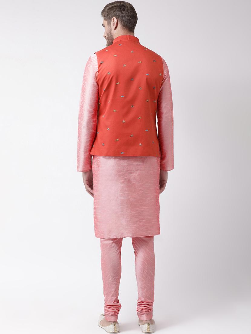 pink kurta pyajama set with green linen printed nehru jacket - 16569624 - Standard Image - 2