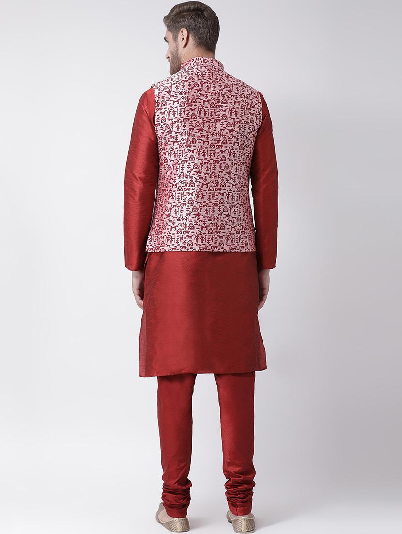 red kurta pyjama set with pink printed nehru jacket - 16569630 - Standard Image - 2