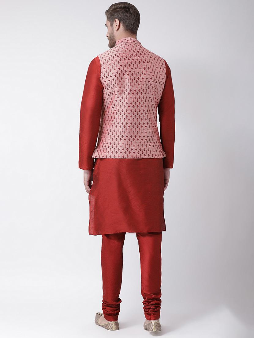 red kurta pyjama set with pink printed nehru jacket - 16569634 - Standard Image - 2