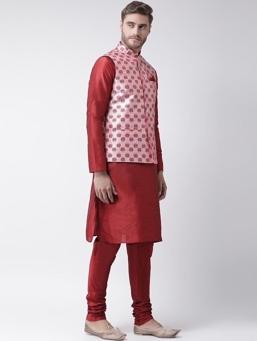 red kurta pyjama set with pink printed nehru jacket - 16569636 - Standard Image - 2