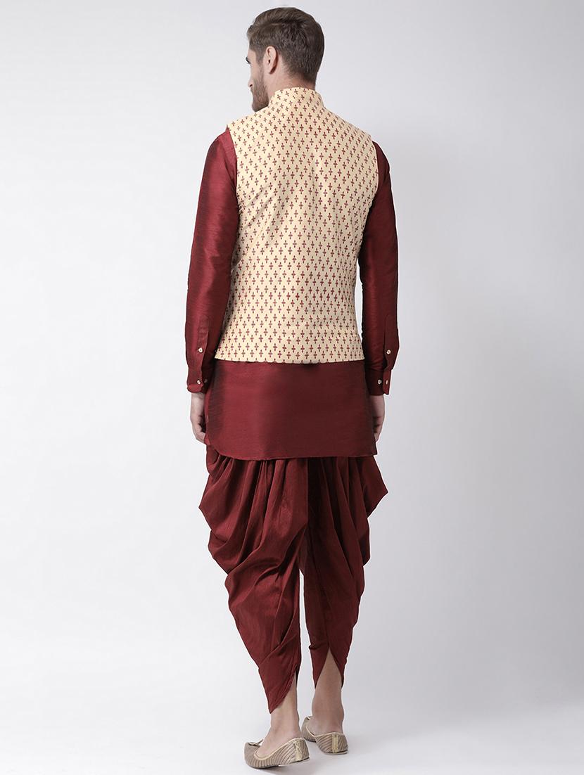 maroon dhoti kurta set with beige printed nehru jacket - 16569645 - Standard Image - 2