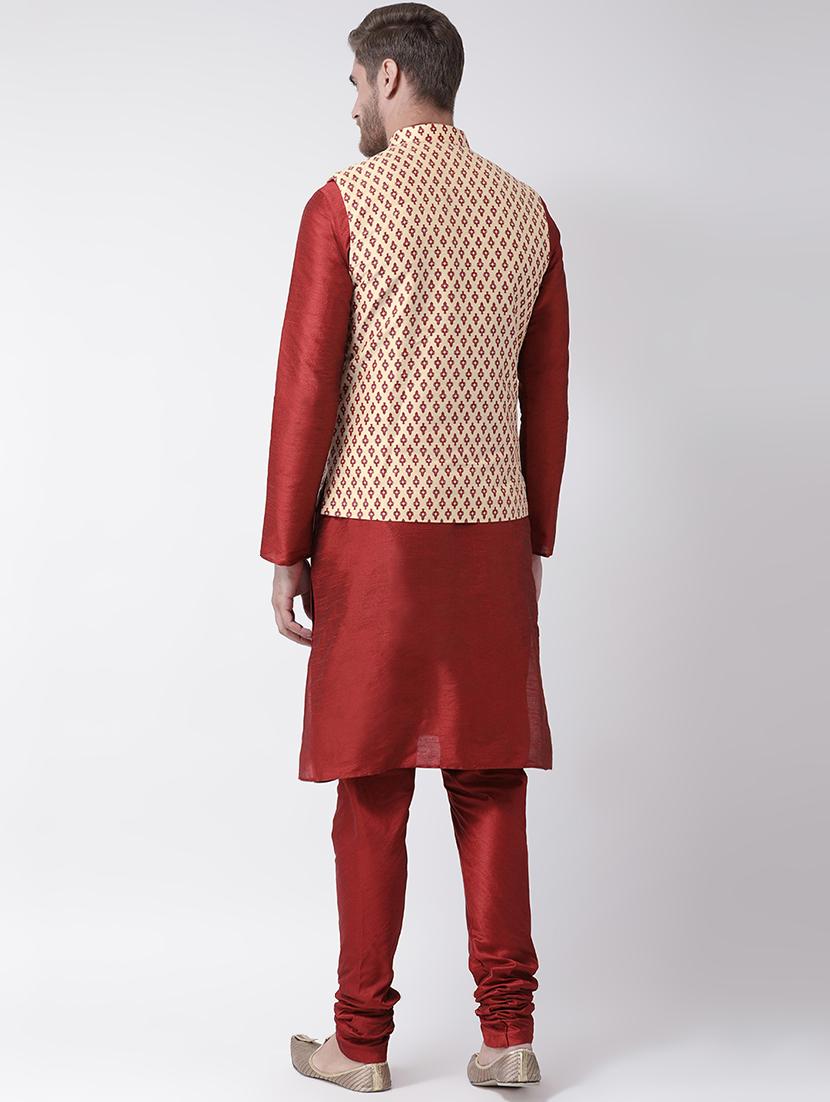 red kurta pyjama set with beige printed nehru jacket - 16569646 - Standard Image - 2