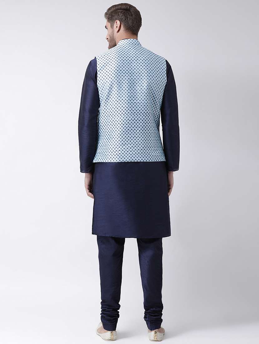 navy blue kurta pyjama set with blue printed nehru jacket - 16569650 - Standard Image - 2