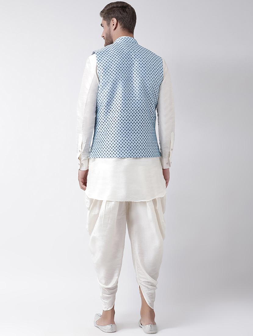 white dhoti kurta set with blue printed nehru jacket - 16569651 - Standard Image - 2