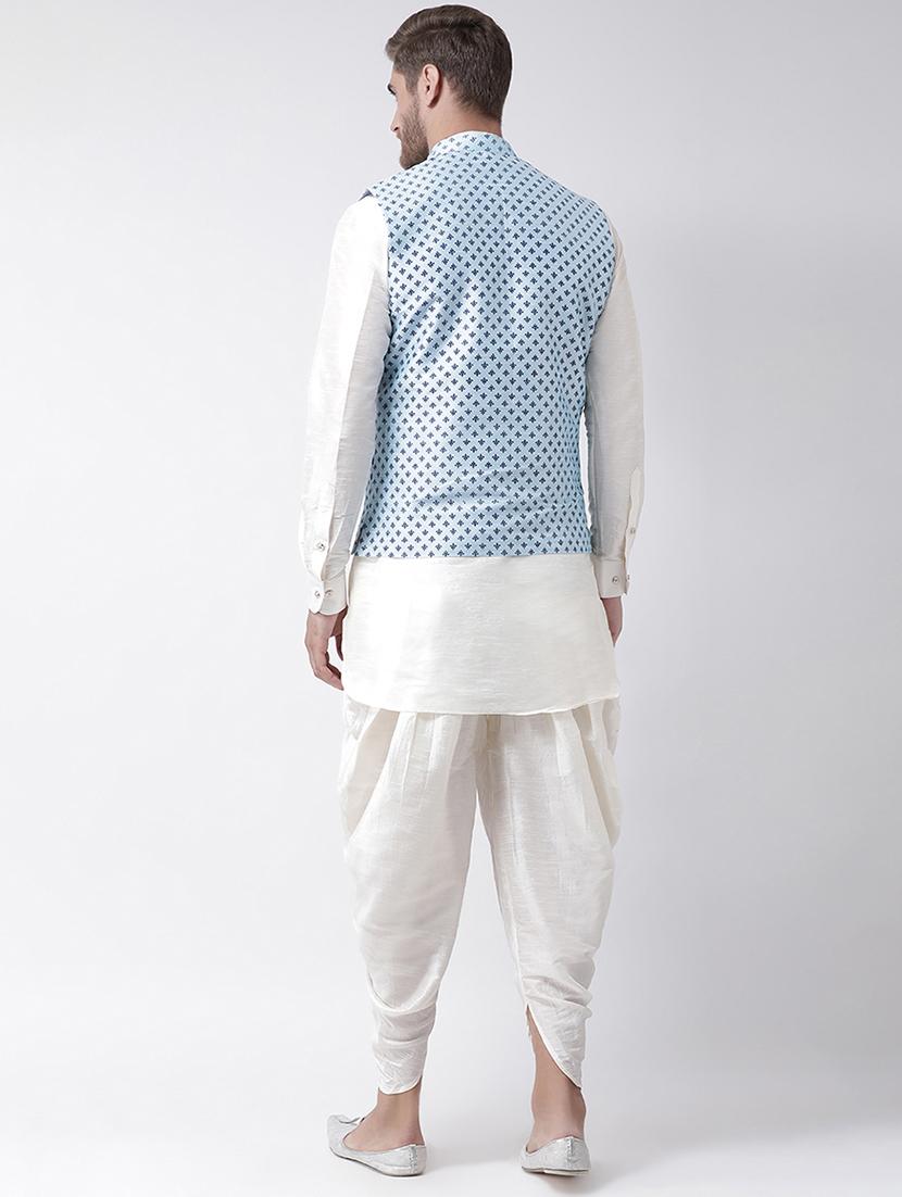 white dhoti kurta set with blue printed nehru jacket - 16569657 - Standard Image - 2
