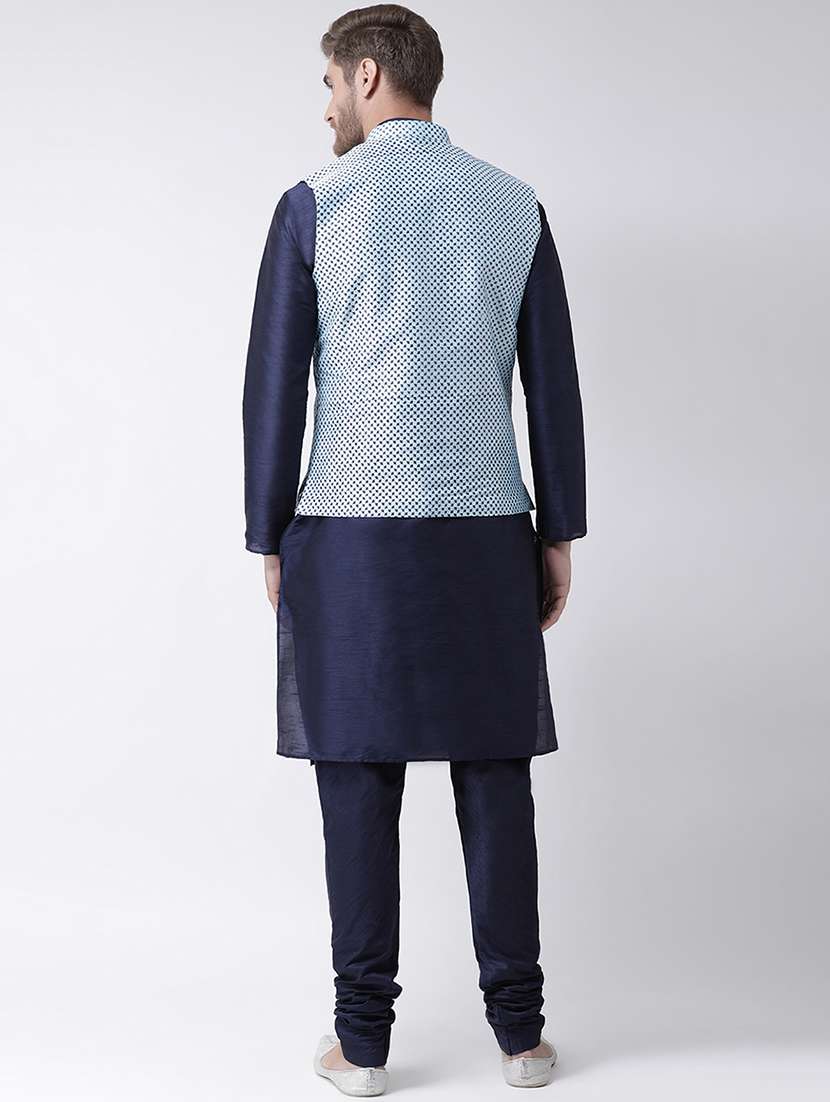 navy blue kurta pyjama set with blue printed nehru jacket - 16569658 - Standard Image - 2