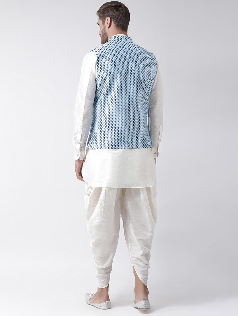 white dhoti kurta set with blue printed nehru jacket - 16569661 - Standard Image - 2