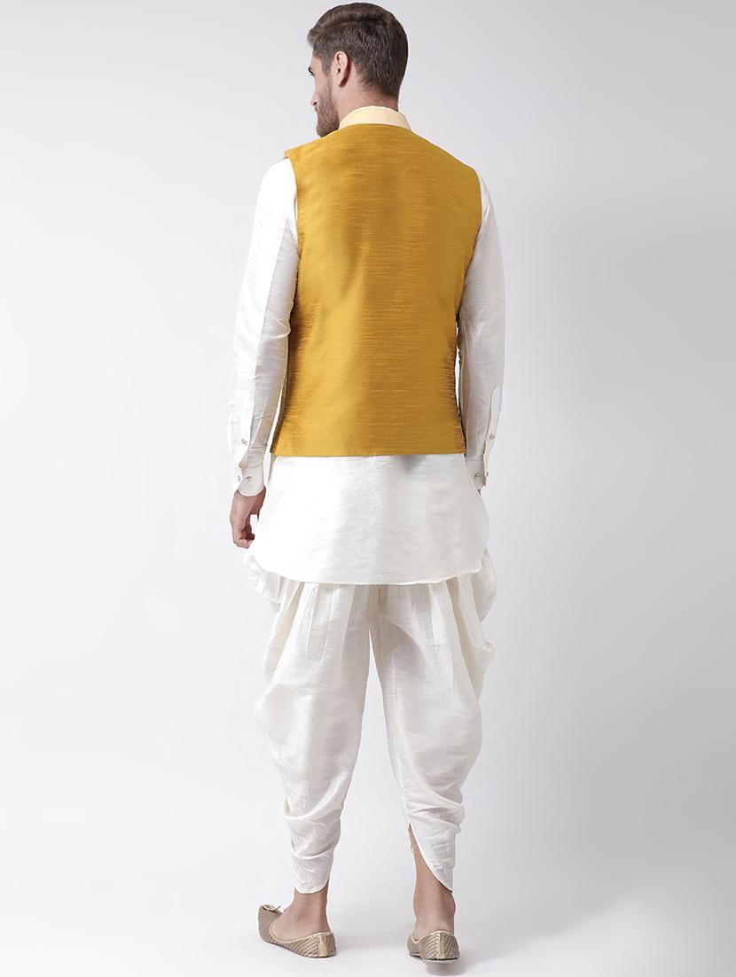 white dhoti kurta set with yellow striped nehru jacket - 16569687 - Standard Image - 2
