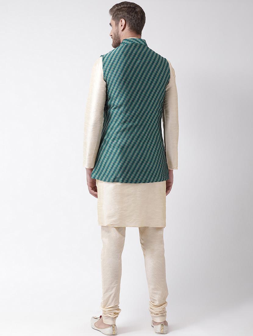 white kurta pyjama set with green jacquard nehru jacket - 16569691 - Standard Image - 2