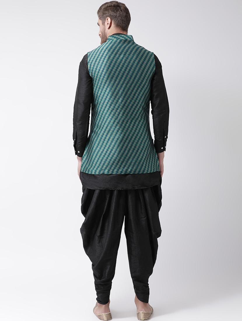black dhoti kurta set with green jacquard nehru jacket - 16569692 - Standard Image - 2
