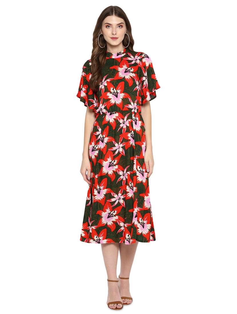 mock neck floral a-line dress